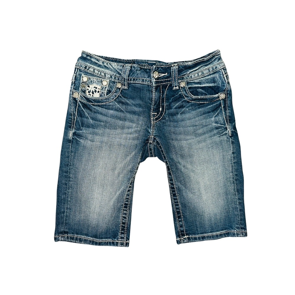 Miss Me Bermuda Denim Shorts Embellished Pockets White Stitching Size‎ 27